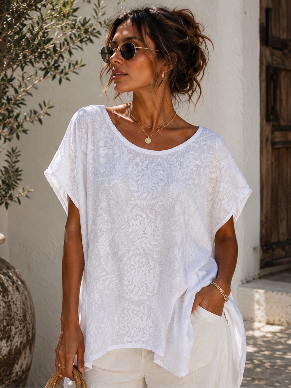 Chico's White Embroidered Ramie Cotton Oversized Tunic Top S/M Resort Coastal